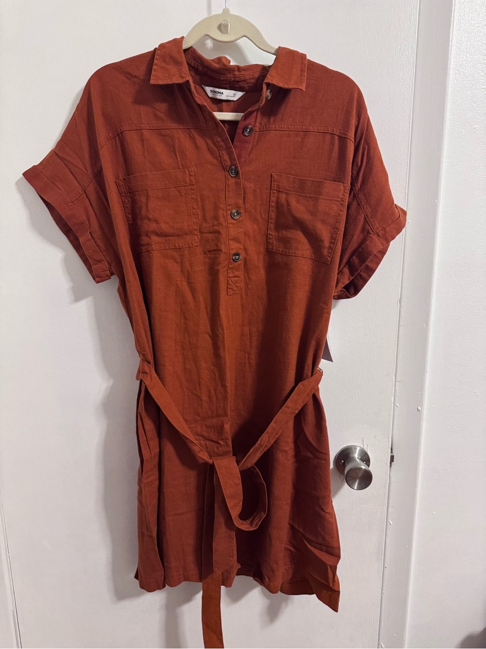 Sonoma Rust Button-Front Mini Dress with Tie Belt